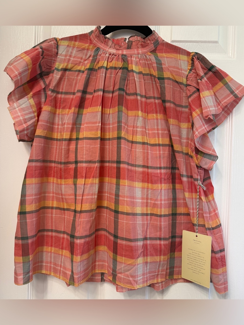Women’s Pink Plaid Short-Sleeve Ruffle Top